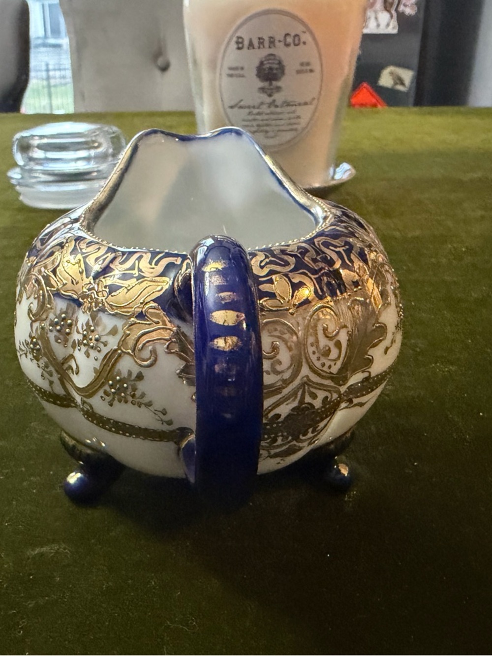 Blue and Gold Porcelain Creamer with Ornate Filigree - Picture 2 of 7